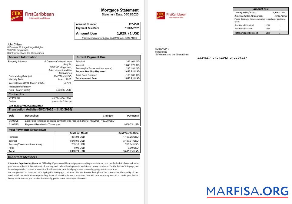Blank Saint Vincent and The Grenadines First Caribbean International bank mortgage statement in Word and PDF for download for verification